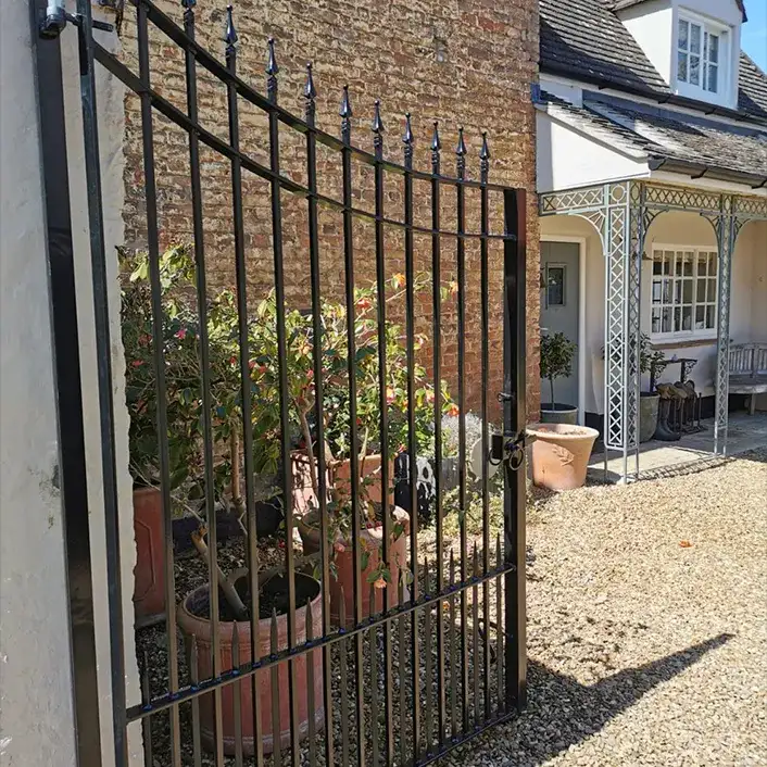 a house with a black iron fence and potted plants